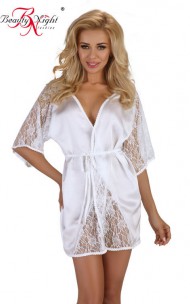 Beauty Night Fashion - Magnolia Dressing Gown Biały szlafrok z satyny i koronki